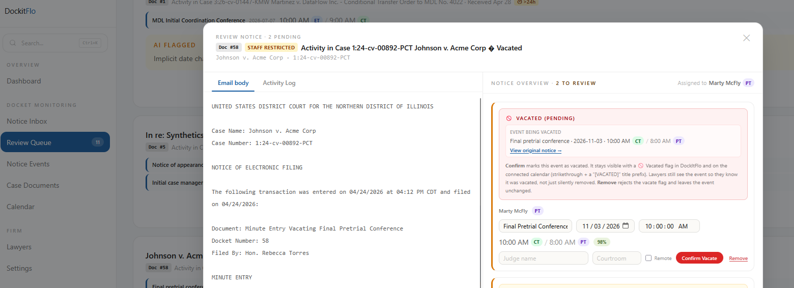 Review modal showing a Vacated (pending) banner with an Event being vacated panel and a single Confirm Vacate button
