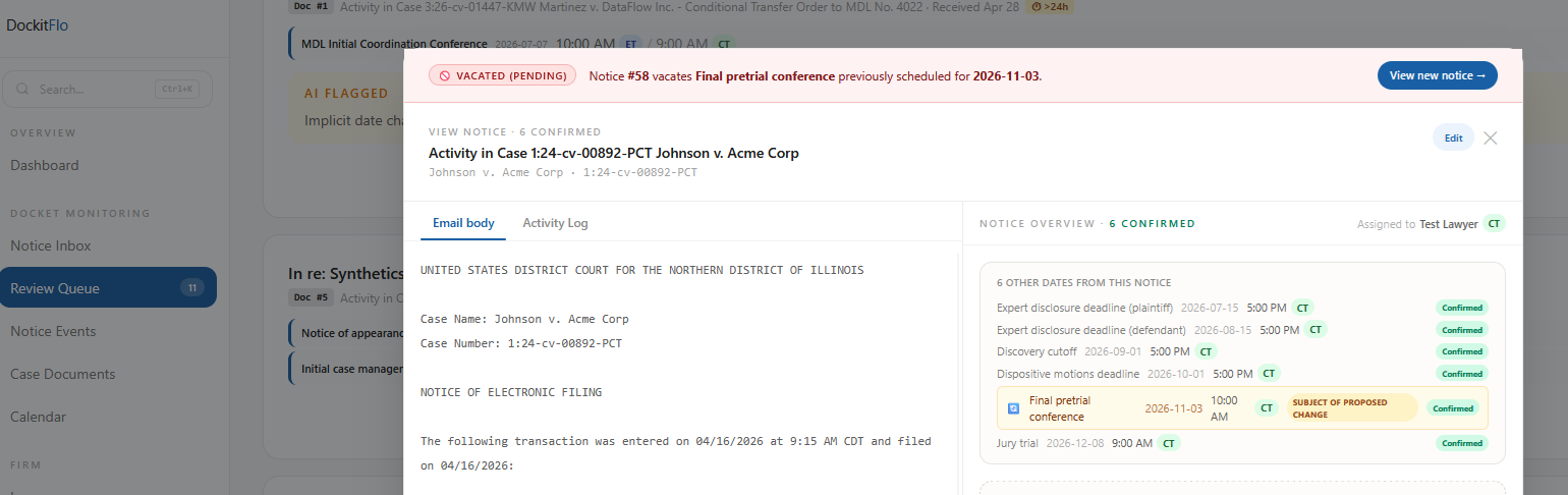 Original notice modal with a red VACATED (PENDING) banner reading Notice 58 vacates Final pretrial conference previously scheduled for 2026-11-03, with the affected event in the Notice Overview flagged as SUBJECT OF PROPOSED CHANGE